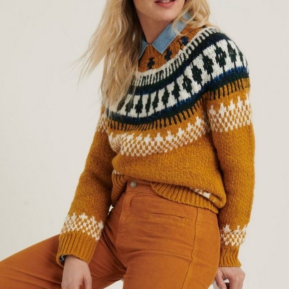 Lucky ~ Bold Fair Isle Knit Mustard  Crewneck Chunky Sweater- in size XS - Picture 2 of 16